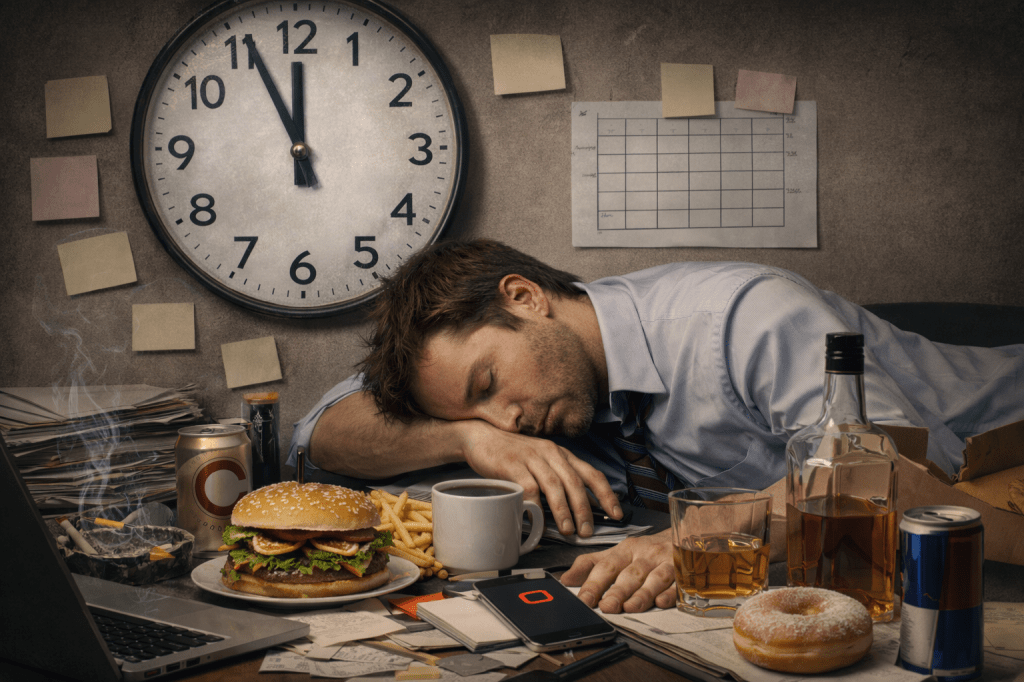 Man holding forehead at cluttered desk with clock showing deadline and multiple sticky notes