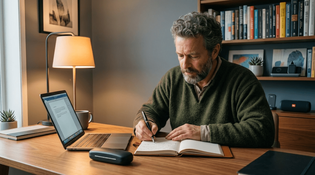 Man writing in a book with a quill pen beside a lit candle on a wooden table