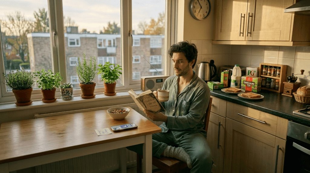 Woman sitting at kitchen table reading book and holding a coffee mug